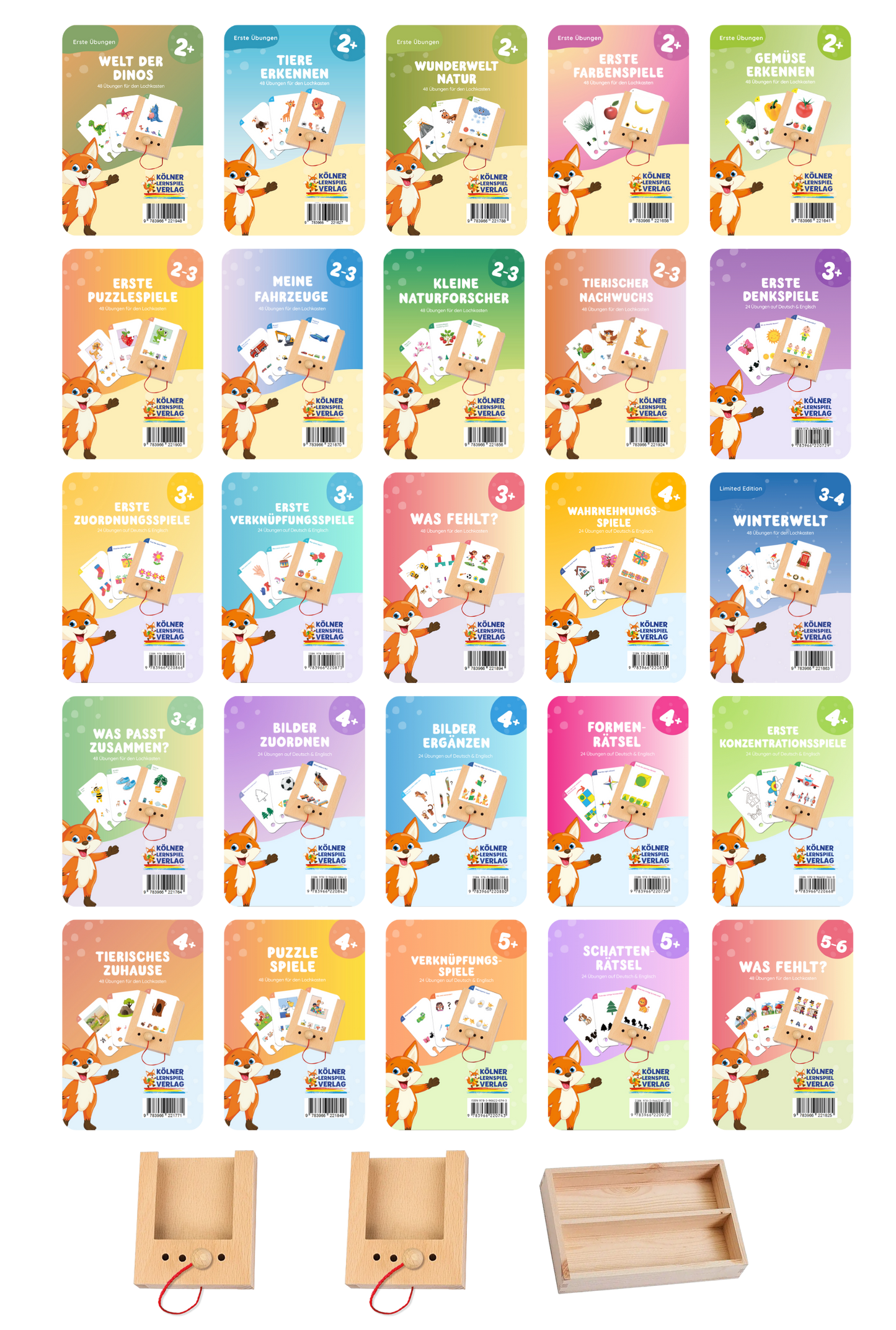 The Kita explorer pack for 2-5 years: 25 sets of cards, 2 Woodplay boxes, 1 storage box