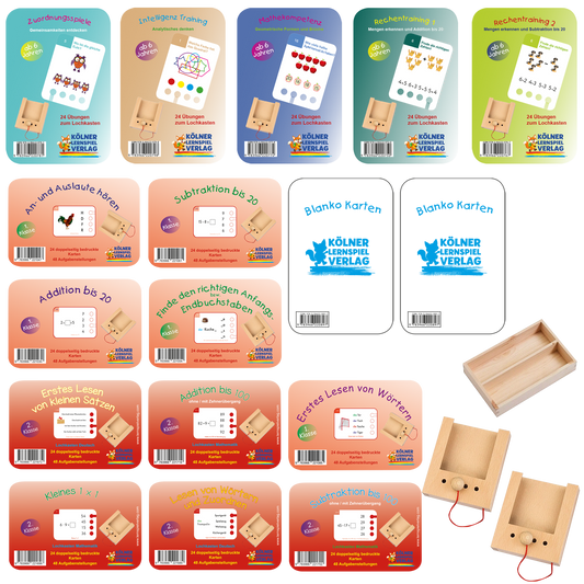 Das Lochkasten Komplettpaket für 6-8 Jährige mit 2 Lochkästen, 17 Kartensätzen und der Aufbewahrungskiste
