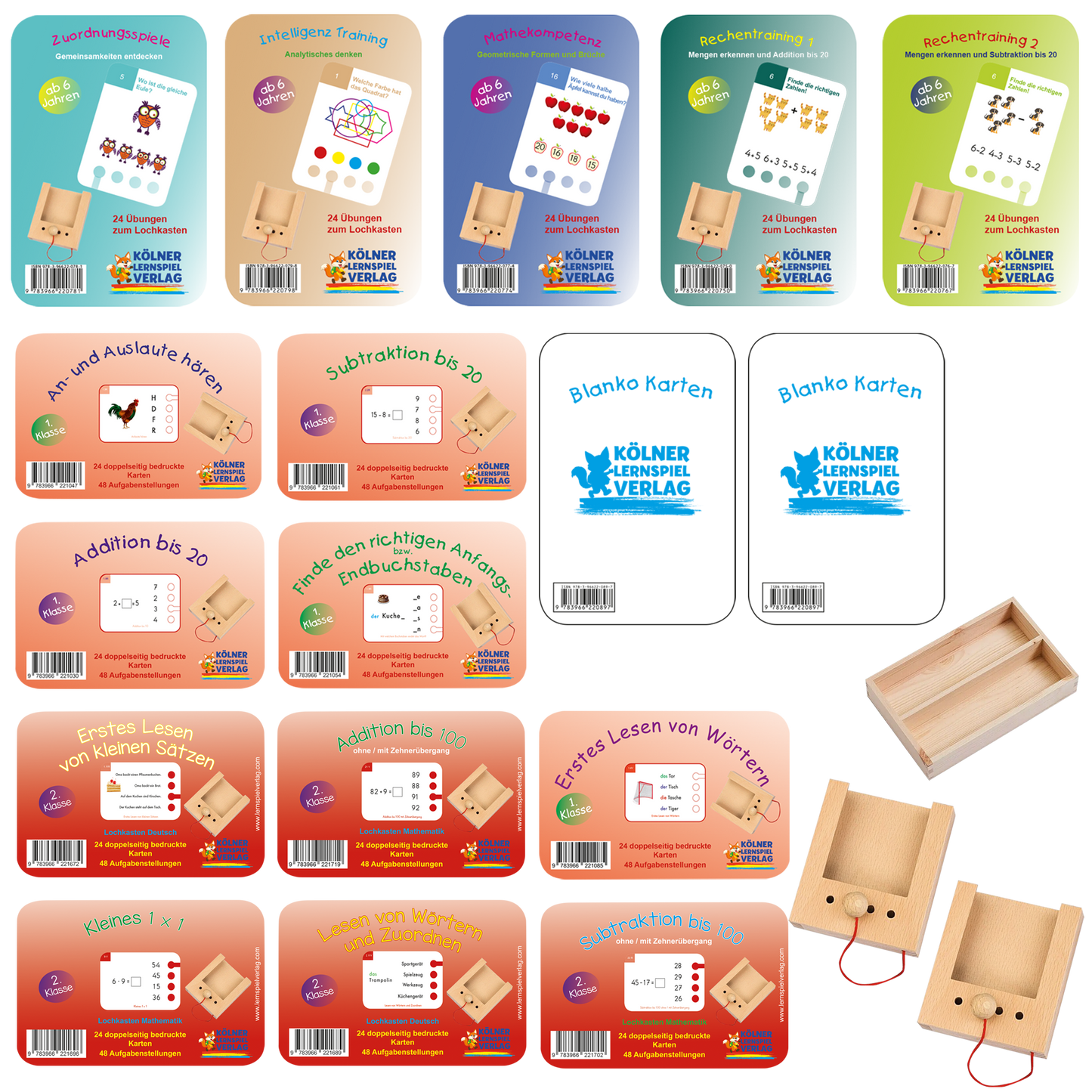 Das Lochkasten Komplettpaket für 6-8 Jährige mit 2 Lochkästen, 17 Kartensätzen und der Aufbewahrungskiste