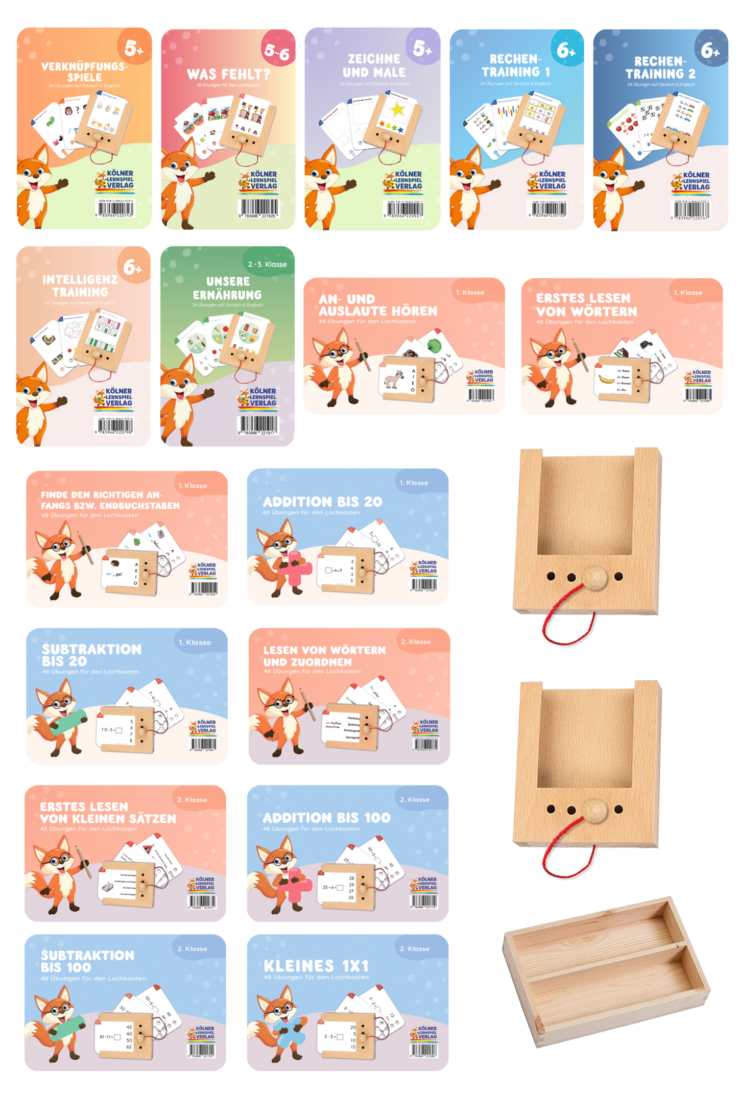 Grundschul Komplettpaket Lochkasten für 6-8 Jährige: 2 Lochkästen, 17 Kartensätzen & Aufbewahrungskiste