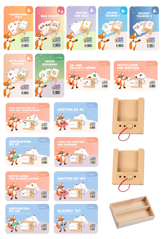 Grundschul Komplettpaket Lochkasten für 6-8 Jährige: 2 Lochkästen, 17 Kartensätzen & Aufbewahrungskiste