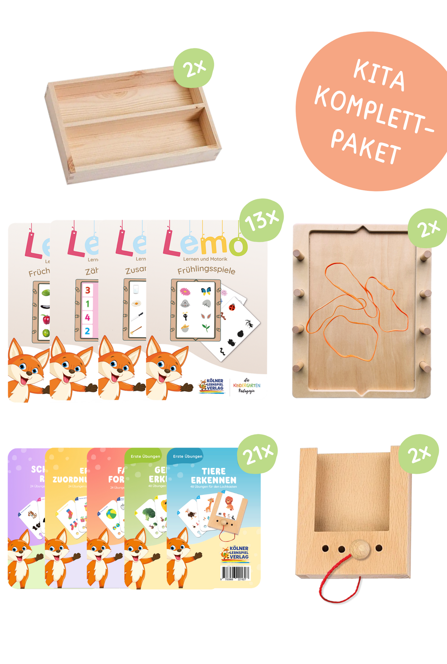 Kita Komplettpaket Lochkasten & Lemo: 2*Grundgeräte & Aufbewahrung inkl. aller Kita Kartensätze für Lochkasten & Lemo