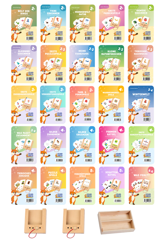 The Kita explorer pack for 2-5 years: 25 sets of cards, 2 Woodplay boxes, 1 storage box