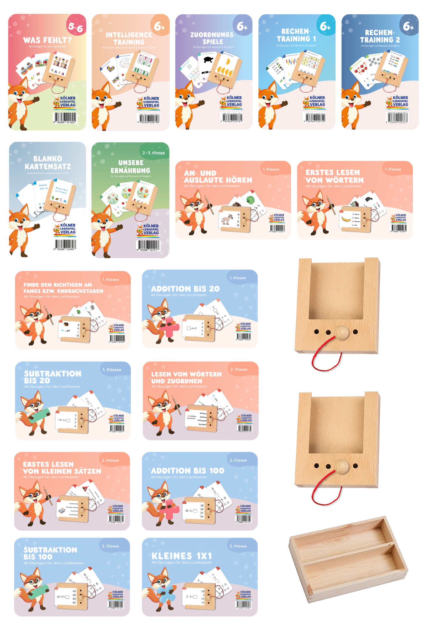 Complete elementary school Woodplay package for 6-8 year olds: 2 Woodplay boxes, 17 sets of cards & storage box