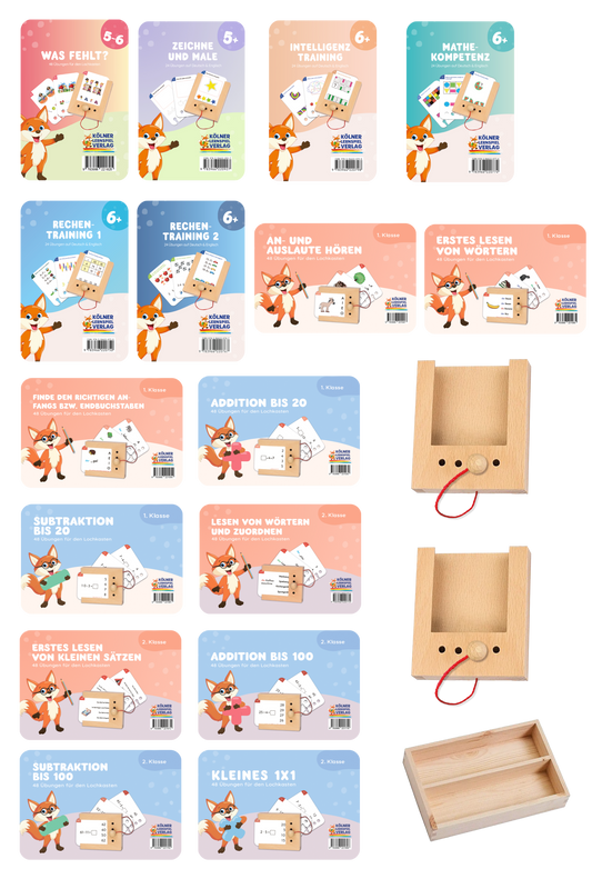 Grundschul Komplettpaket Lochkasten für 6-8 Jährige: 2 Lochkästen, 17 Kartensätzen & Aufbewahrungskiste