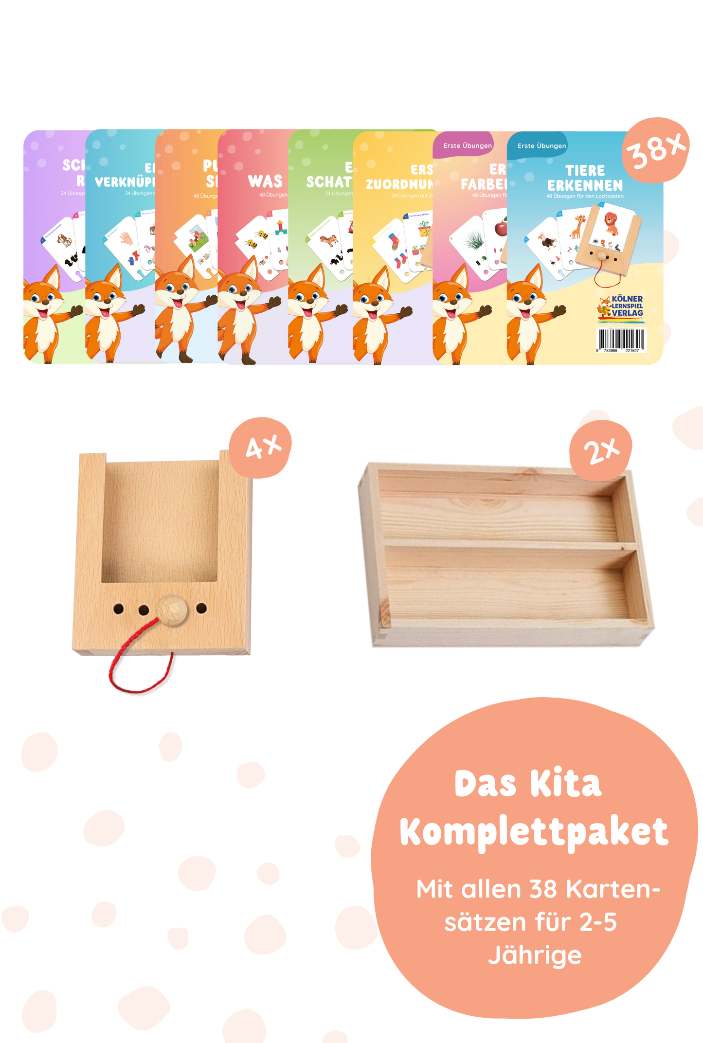 The complete kindergarten package for 2-5 years: 38 card sets, 4 perforated boxes, 2 storage boxes