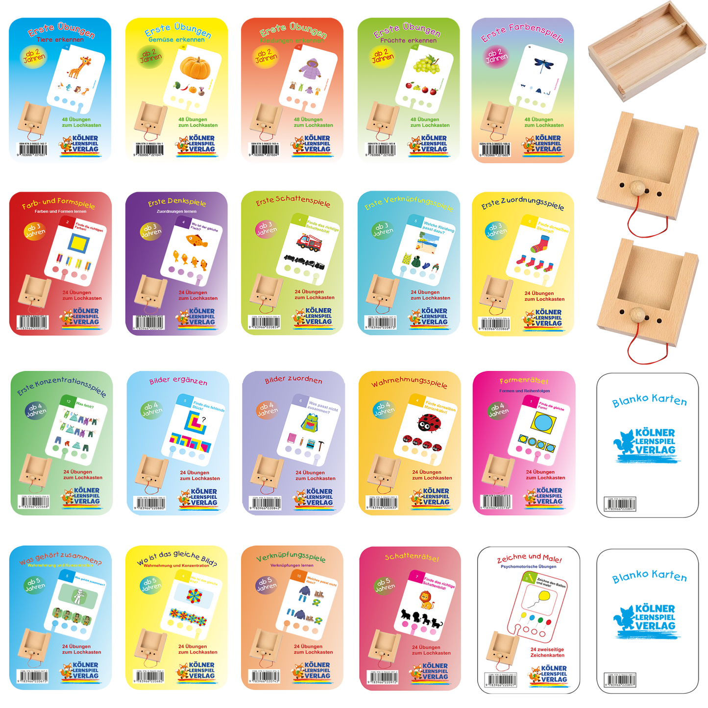Das Lochkasten Komplettpaket für 2-5 Jährige mit 2 Lochkästen, 22 Kartensätzen und der Aufbewahrungskiste